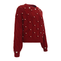 Pull en maille torsadée pour femme, col rond, orné de perles florales, manches lanternes longues à revers côtelés, coupe courte et ample, décontracté