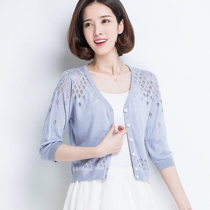 Women Openwork Knit <strong>Cardigan</strong> Korean Style Lightweight Button Front V Neck <strong>Cropped</strong> Summer Sweater for Boutique Fashion - Product Image 4