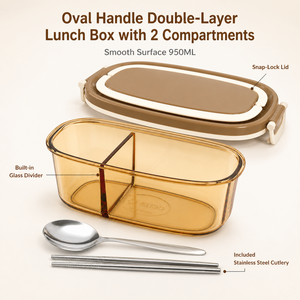 Boîte à lunch <span class=keywords><strong>en</strong></span> verre portable 950 ml, conteneur de stockage alimentaire ovale à double couche avec poignée pour l'école - Product Image 3