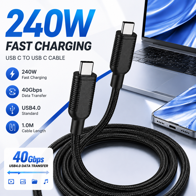 1M USB C to USB C Cable 240W Fast Charging 40Gbps Data Transfer Nylon Braided Metal Tip Type C Cable