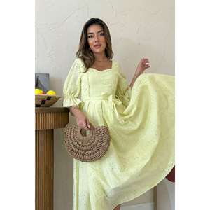 <b>Yellow</b> Embroidered Organza <b>Dress</b> Square Neck A-Line Vintage Breathable Evening <b>Dress</b> Natural Waistline - Product Image 2