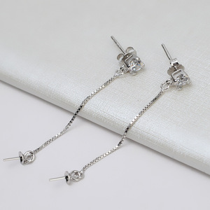 Boucles d'oreilles pendantes fines pour femme en argent S925, avec long pendentif à 5 perles et incrustation de perles, nouveau modèle 1377, accessoires DIY, support vide - Product Image 2