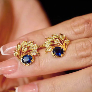 Eleganti Orecchini a Perno con Piume e Foglie per Donne, Design Ovale Blu, Accessori per Orecchie - Product Image 5