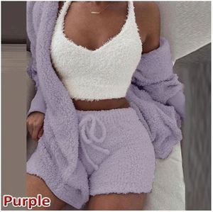 K1050 Conjuntos de Pijamas de Tallas Grandes para Mujer, 3 Piezas, de Felpa Sólida, con Cuello en V, Capucha, Sexy, Cintura Elástica, Pantalones Cortos, Casual, Primavera, con Estampado de Letras - Product Image 5