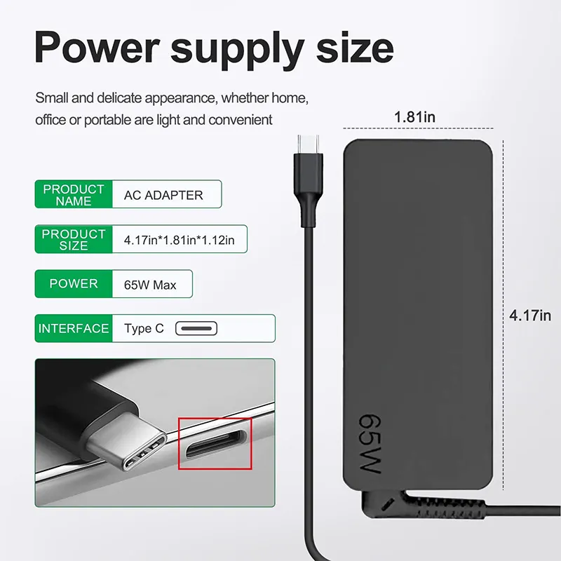 65W USB C sạc cho Lenovo ThinkPad Yoga Chromebook máy tính xách tay máy tính 65W USB C nhanh Power Adapter