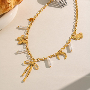 <span class=keywords><strong>Collier</strong></span> avec pendentif nœud en fausses perles pour femme, en acier inoxydable plaqué or 18 carats PVD, style vacances à la plage, été, quotidien, voyage - Product Image 4
