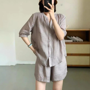 <b>Linen</b> Cotton Women's Shorts <b>Set</b> Three Quarter Sleeve Button Front Casual Summer Outfit Solid Color Plus Size - Product Image 4