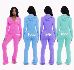 Oem Survêtements personnalisés pour femmes Vêtements en jersey de coton Manches longues Vestes à fermeture éclair complète Haut et pantalon à jambes larges Vêtements de sport - Product Image 1