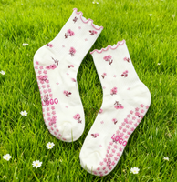 Chaussettes de Pilates élégantes mi-mollet à motif floral, respirantes, antidérapantes, avec logo personnalisé, plusieurs tailles pour l'automne - Spandex/Polyester/Coton