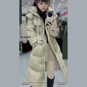 Coréen nouveau hiver imperméable <span class=keywords><strong>mi</strong></span>-longueur <span class=keywords><strong>longue</strong></span> lâche épaissi à capuche taille cintrée vêtements d'extérieur blanc duvet de canard manteau vestes femmes - Product Image 2
