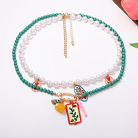Mode bulk OEM ODM dubbelstrengige kralen choker ketting dames turquoise zaadkraal parel emaille bloem fruit charme kettingen