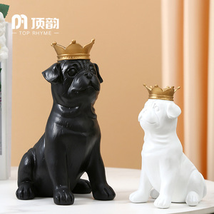 Top Rhyme French Bulldog Figurine Resin Craft Black White Crown Home Decoration Artistic Decorative Animal Statues - Product Image 1