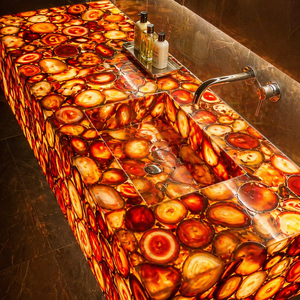 Encimera de Piedra Semipreciosa de Ónix Rojo Translúcido Retroiluminado de Lujo para Baños de Hoteles y Centros Comerciales - Product Image 1