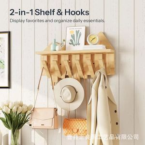 Wall Mounted Wooden <b>Shelf</b> With <b>Hooks</b> For Entryway Storage And Coat Rack Multifunctional Organizer - Product Image 1