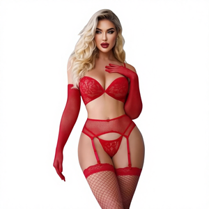 Conjunto de Lencería Erótica de 5 Piezas Estilo Europeo Americano 2025, Diseño Hueco, Sexy, Rojo, Tela Dobby, Venta al Por Mayor - Product Image 1