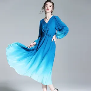 Elegant women autumn dress Crepe de chine silk dress Blue gradient long dresses women