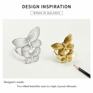 Double Butterfly <b>Open</b> <b>Ring</b> Stainless Steel 14K Gold Vacuum Plated Adjustable Ribbed Wing Statement <b>Ring</b> - Product Image 3