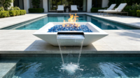 Fontaine d'extérieur moderne avec foyer à gaz et cascade, pour piscine, design moderne