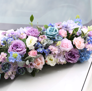 Nuovo Set di Decorazioni Floreali Frontali per <span class=keywords><strong>Auto</strong></span> Nuziale a V di Alta Gamma con Rose Artificiali Blu-Viola e Loto in Plastica - Product Image 1