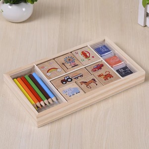 Ensemble de tampons en bois pour enfants, 9 tampons, tampon encreur 2 couleurs, crayons de coloriage, cadeau pour les loisirs créatifs des enfants, tampon en bois avec kit de crayons - Product Image 5