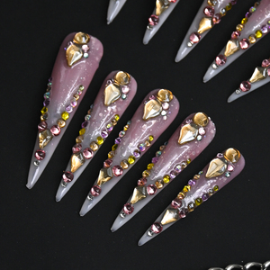 Vente en gros d'ongles artificiels en acrylique faits à la main, faux ongles carrés à couverture complète, dégradé rose et blanc, design avec strass, personnalisable. - Product Image 3