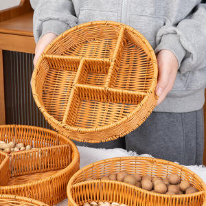 Panier de rangement en rotin rond marron compartimenté, plateau à fruits et en-cas, organisateur pour table basse de salon domestique - Product Image 1