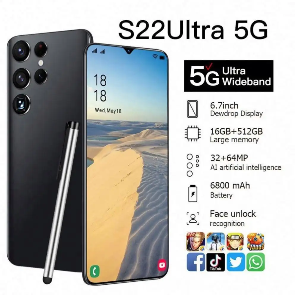 Original desbloqueado S22 5G Smartphone 7,3 polegadas tela cheia 16GB + 1TB Android telefones celulares com Face ID celular