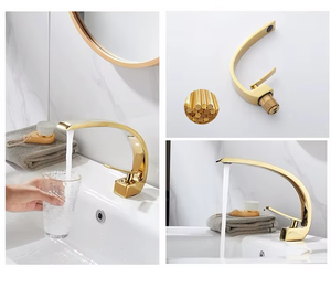 Rubinetto da Bagno a Cascata Curvo Placcato Oro, <span class=keywords><strong>Miscelatore</strong></span> Monocomando Caldo/Freddo con Valvola in Ceramica per <span class=keywords><strong>Lavabo</strong></span> - Product Image 4
