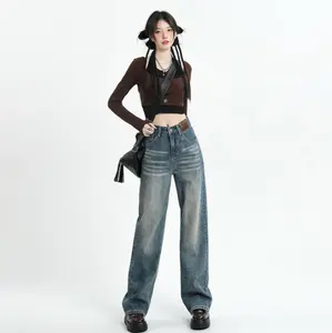 Neuankömmlinge Amerikanische Damen jeans Retro gewaschene hoch taillierte Jeans mit weitem Bein, lässige, lockere, gerade Hose für Damen