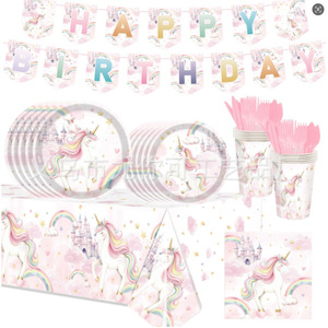 Ensemble de décoration de table pour fête d'anniversaire licorne arc-en-ciel, assiettes, gobelets et serviettes jetables pour enfants de 5 à 7 ans - Product Image 1