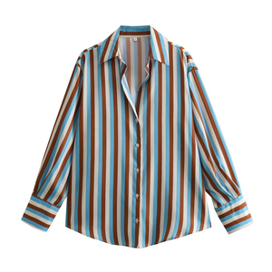 Camisa de mujer Fabricantes personalizados ODM Rayas Turn Down Collar Manga larga Button Down Tops Trabajo Oficina Blusas formales personalizadas - Product Image 3