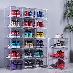 Hot Sale Drop Front Magnetic Opening Transparent Acrylic Sneaker Storage Stackable PP Plastic Clear Shoes Boxes