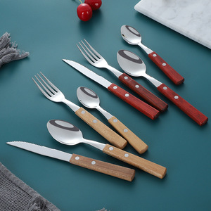 304 Stainless Steel <b>Knife</b> <b>Fork</b> <b>Spoon</b> <b>Set</b> Rosewood Handle Serrated Edge Western Cutlery 4 Pieces - Product Image 1
