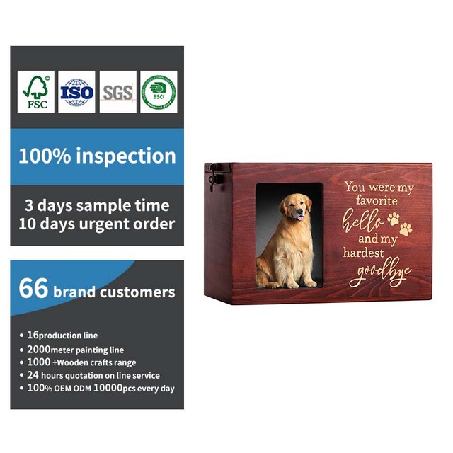 Personalized Modern Solid Wood Rectangular Pet Urn Box with Photo Frame for Dog/Cat Ashes Remembrance