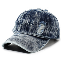 Casquette de baseball vintage déchirée unisexe avec logo personnalisé, en denim délavé et vieilli, style sportif pour papa