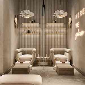Intérieur <span class=keywords><strong>de</strong></span> <span class=keywords><strong>salon</strong></span> <span class=keywords><strong>de</strong></span> bien-être <span class=keywords><strong>de</strong></span> luxe, espace beauté moderne Wabi-Sabi avec comptoir incurvé, sièges en velours, éclairage d'ambiance, design clé en main - Product Image 3