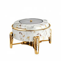 Plat à chafing rond en marbre blanc de 6 L avec système hydraulique pour mariages de luxe, buffets d'hôtel et équipement de maintien au chaud pour soupes et rôtis en restauration