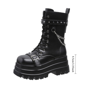 Giày bốt cổ ngắn nữ BUSY GIRL TMS02 màu đen phong cách Punk Gothic, đế xuồng, giày đặt làm riêng, đế platform, kiểu chunky, họa tiết lửa, kiểu bốt đi xe máy - Product Image 1