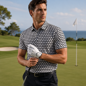 Polo de golf pour hommes en gros – 88 % polyester, 12 % élasthanne, imprimé pois noir et blanc, séchage rapide, extensible, respirant, haut décontracté - Product Image 1