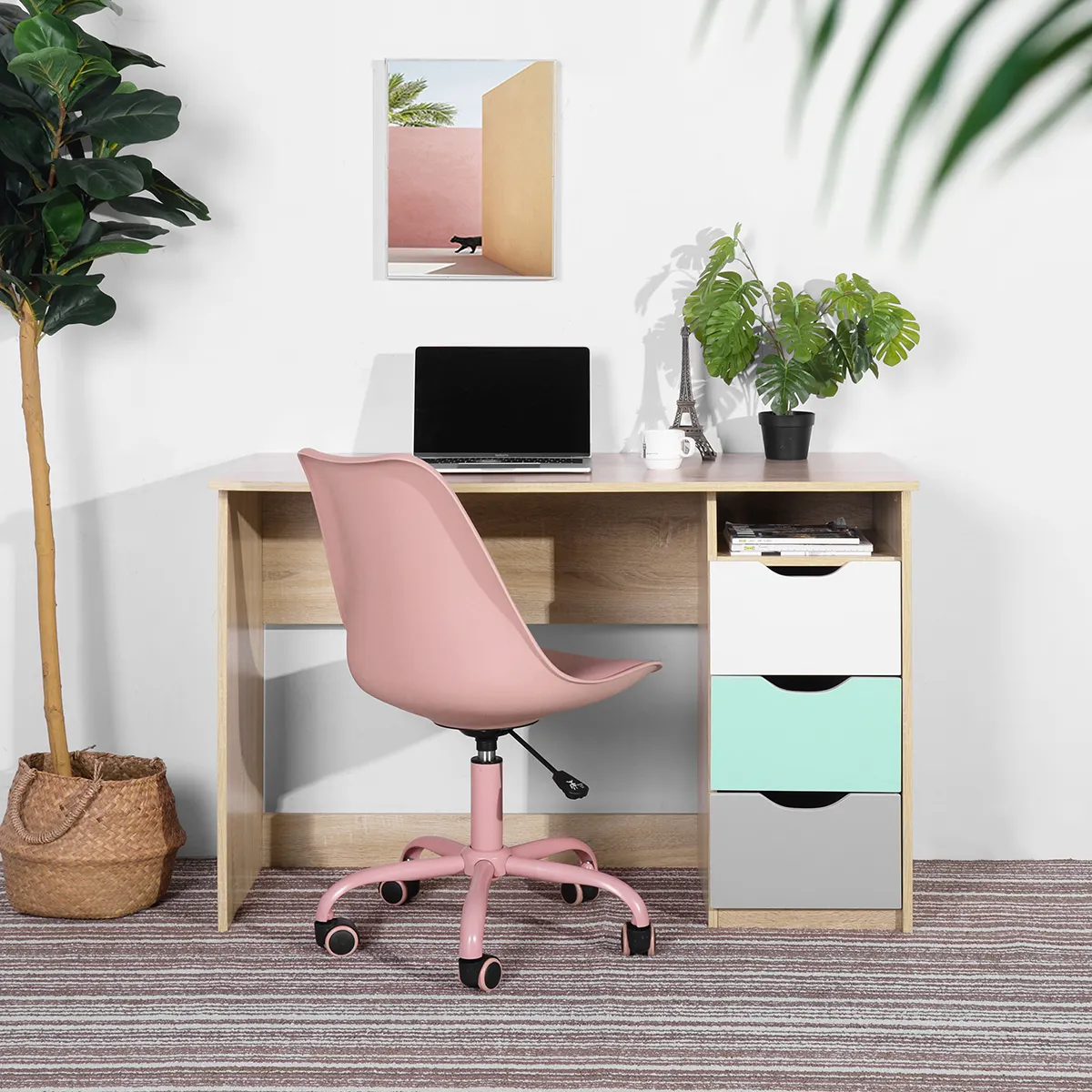 Wooden Home Nordic Style Pink White Modern Executive Writing Computer Full Office Desk For Girls