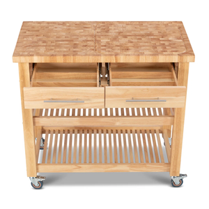 Chariot de cuisine moderne à roulettes avec plan de travail en bois à grain bout, îlot de cuisine mobile portable avec rangement pour la maison - Product Image 1