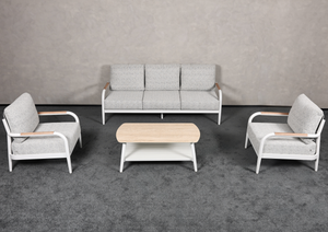 Ensemble <span class=keywords><strong>de</strong></span> <span class=keywords><strong>salon</strong></span> <span class=keywords><strong>de</strong></span> <span class=keywords><strong>jardin</strong></span> moderne <span class=keywords><strong>en</strong></span> aluminium blanc avec coussins imperméables <span class=keywords><strong>gris</strong></span> clair et table basse <span class=keywords><strong>en</strong></span> bois, 4 pièces - Product Image 2