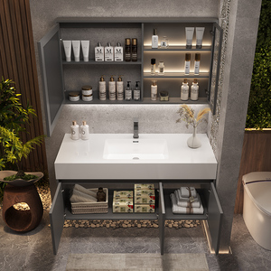 Seamless Integrated Ceramic Slab Bathroom <b>Vanity</b> Grey Rectangular Minimalist Style Illuminated <b>Led</b> Mirror - Product Image 3