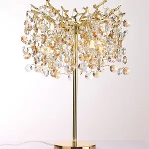 Lampe de table métal aluminium or argent bronze longue ficelle branche d'arbre décoration maison cristal