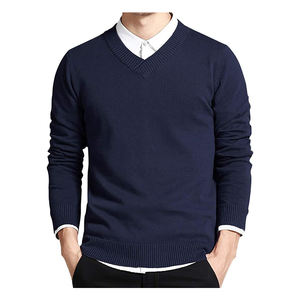 Nouvelles tendances couleur unie col en V tricot à manches longues printemps et automne OEM ODM pull tricoté pour hommes - Product Image 2
