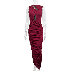 Autunno e inverno elegante abito a pieghe Slim Fit da donna senza maniche girocollo che abbraccia i fianchi realizzati con metodo di tessitura non tessuto - Product Image 4