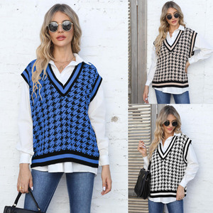 Gilet tricoté pull filles col en V <span class=keywords><strong>sans</strong></span> manches épais Vintage treillis pull costumes côtes gilet femmes <span class=keywords><strong>pied</strong></span> <span class=keywords><strong>de</strong></span> <span class=keywords><strong>poule</strong></span> lâche Chic hauts - Product Image 2