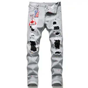 Calça jeans bordada masculina, aplique, calça jeans masculina, cintura alta, bordada, apertada, de brim, comprimento do tornozelo, com botão