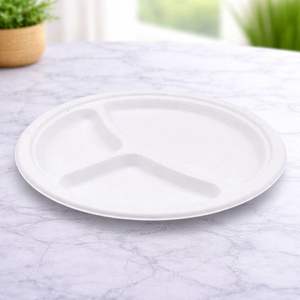 ProTakeOut Assiettes compostables en bagasse à 3 compartiments de 10 pouces, lot de 500 (125/4), sans PFAS, sans danger pour les aliments, compatibles congélateur et micro-ondes - Product Image 2