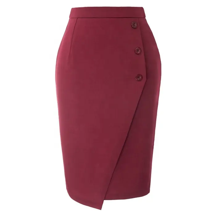 Women's Black and Wine High Waist Buttons Decorated Back Split Bodycon Short Pencil Skirt